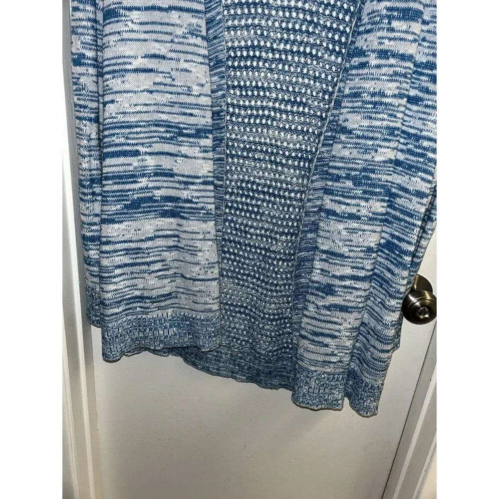 Chicos Blue White Abstract Print Open Knit Long Sleeve Casual Cardigan Size 2